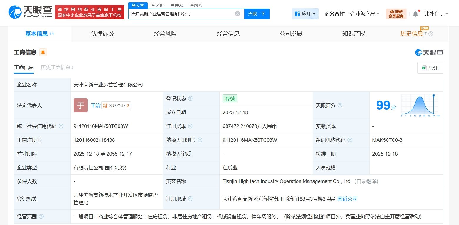 天津高新產(chǎn)業(yè)運營管理公司成立，注冊資本68.7億元聚焦非居住房地產(chǎn)租賃